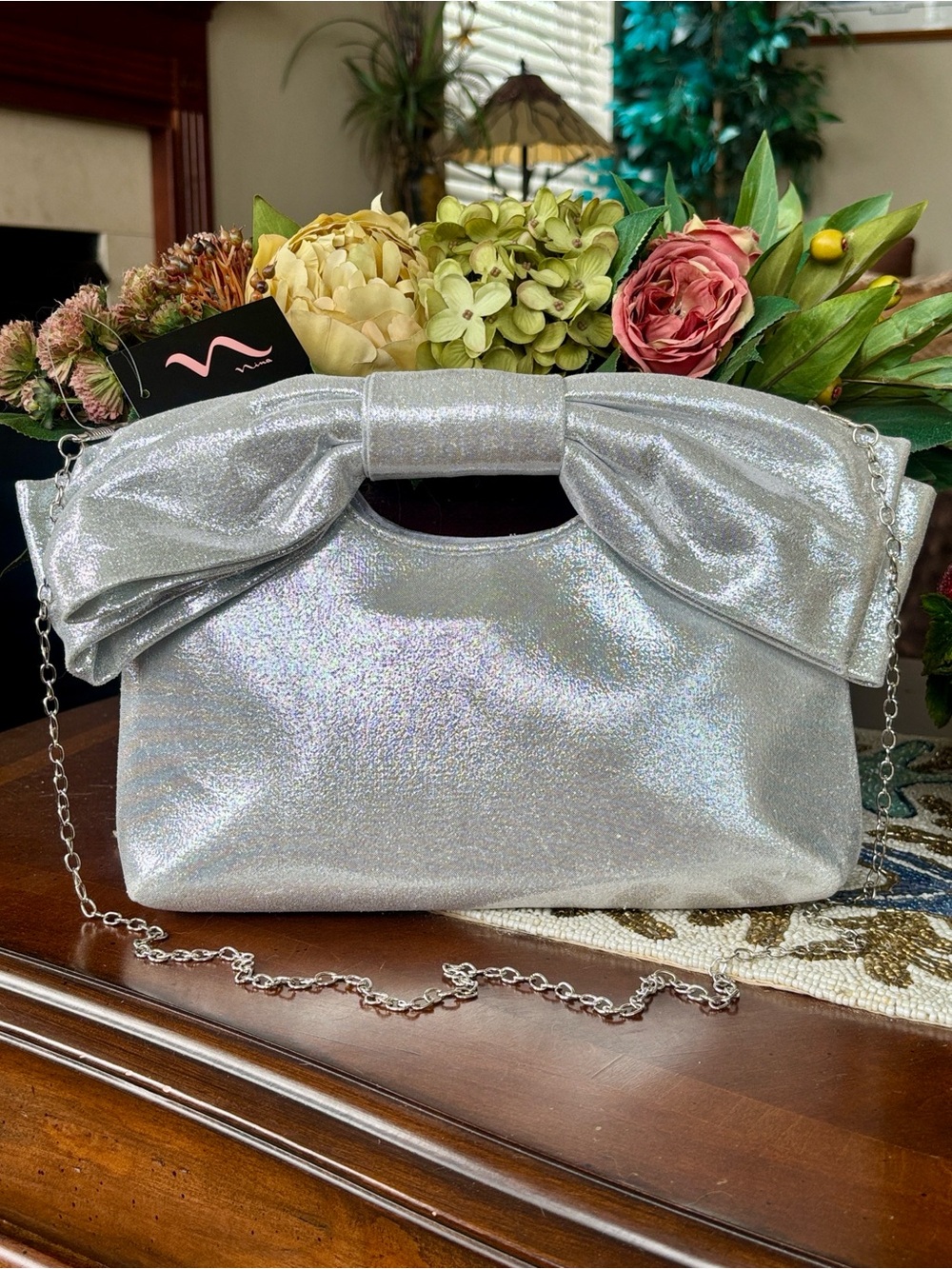 Brand New Nina Goodie Clutch Bag Metallic Silver Chain Bow Formal Crossbody Prom